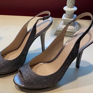 Pewter platform open toe sling back